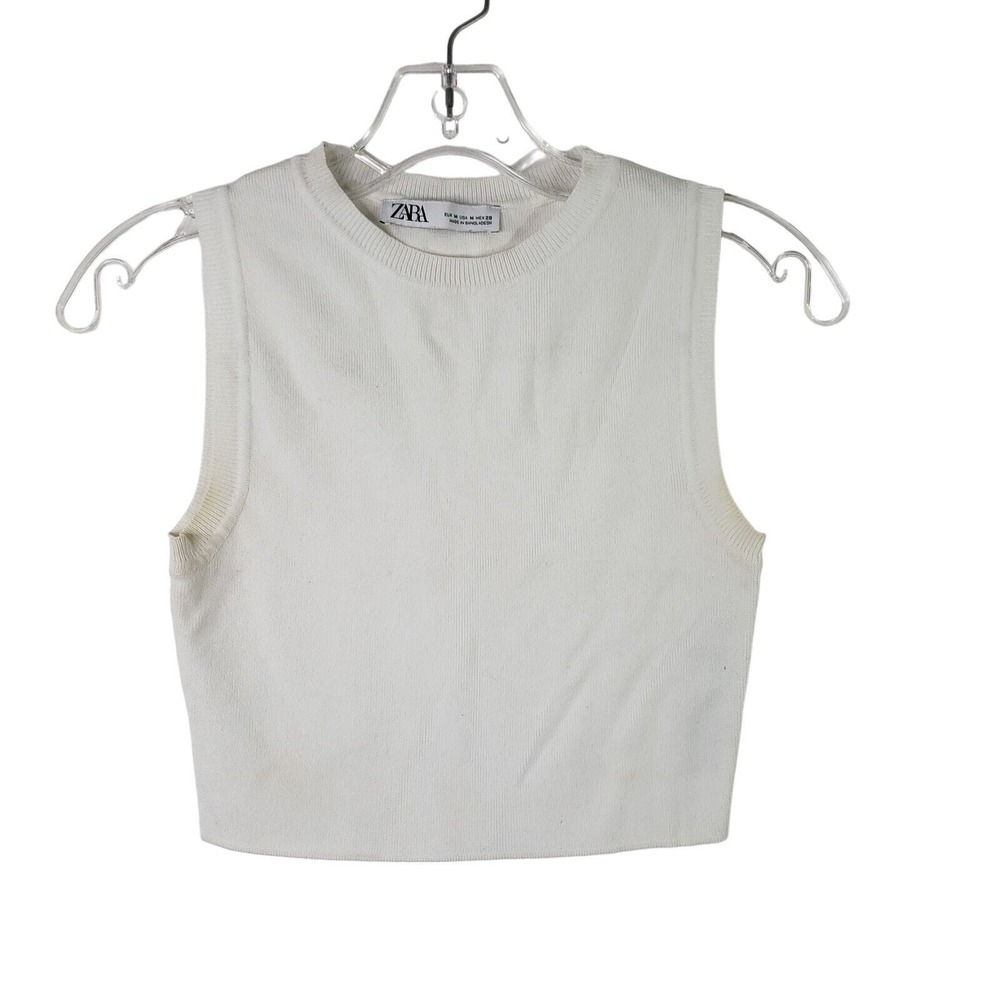 Zara Cropped‎ Tank Top Womens Medium White Knit Crewneck Sleeveless Casual Basic